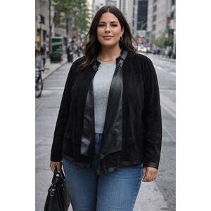 Sejour Womens Black Leather Suede Open Front Jacket Size 24W Edgy Biker Chic